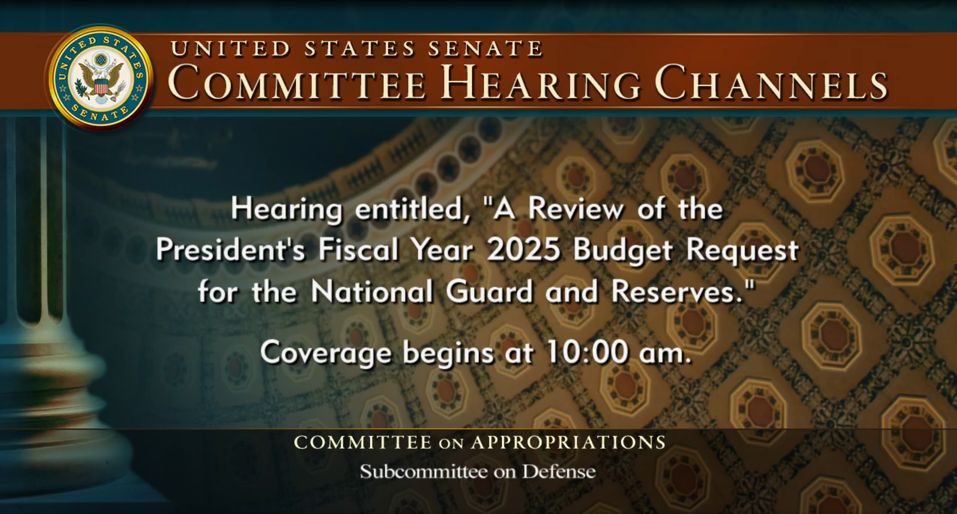 Senate hearing graphic linking to video for live coverage